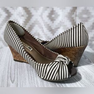 American Eagle Brown and Cream Stripe Cork Wedge Heels